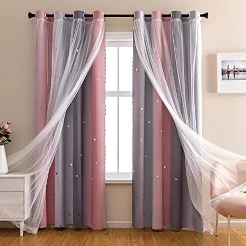 XiDi Pink and Grey Rainbow Curtains for Girls and Kids Bedroom 34"W x 72"L | Dreamy Starry Sky Effect thumbnail 1