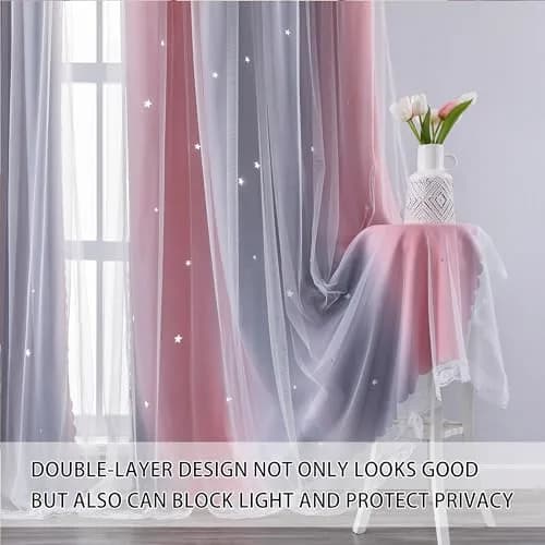 XiDi Pink and Grey Rainbow Curtains for Girls and Kids Bedroom 34"W x 72"L | Dreamy Starry Sky Effect thumbnail 2
