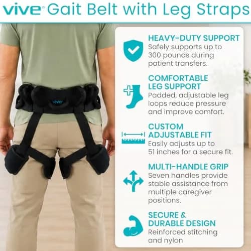 Vive Heavy Duty Transfer Belt with Leg Straps & Handles - 350 lb Capacity, Black thumbnail 2