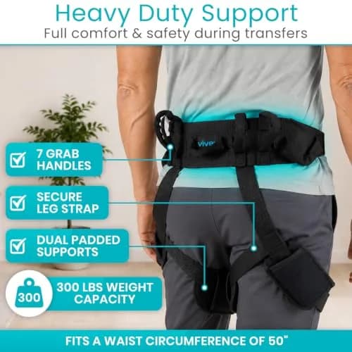 Vive Heavy Duty Transfer Belt with Leg Straps & Handles - 350 lb Capacity, Black thumbnail 3