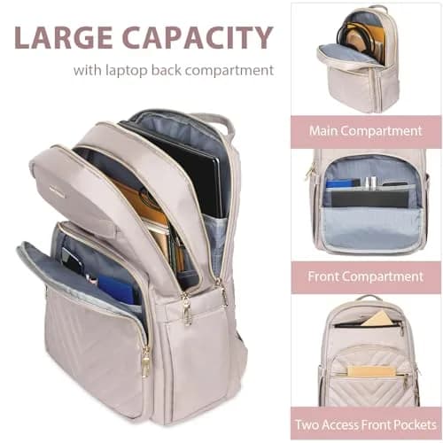 VANKEAN Quilted Light Dusty Pink/Grey Purple 15.6 Inch Laptop Backpack | Waterproof Nylon Travel Bag thumbnail 4