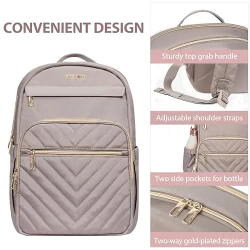 VANKEAN Quilted Light Dusty Pink/Grey Purple 15.6 Inch Laptop Backpack | Waterproof Nylon Travel Bag thumbnail 3