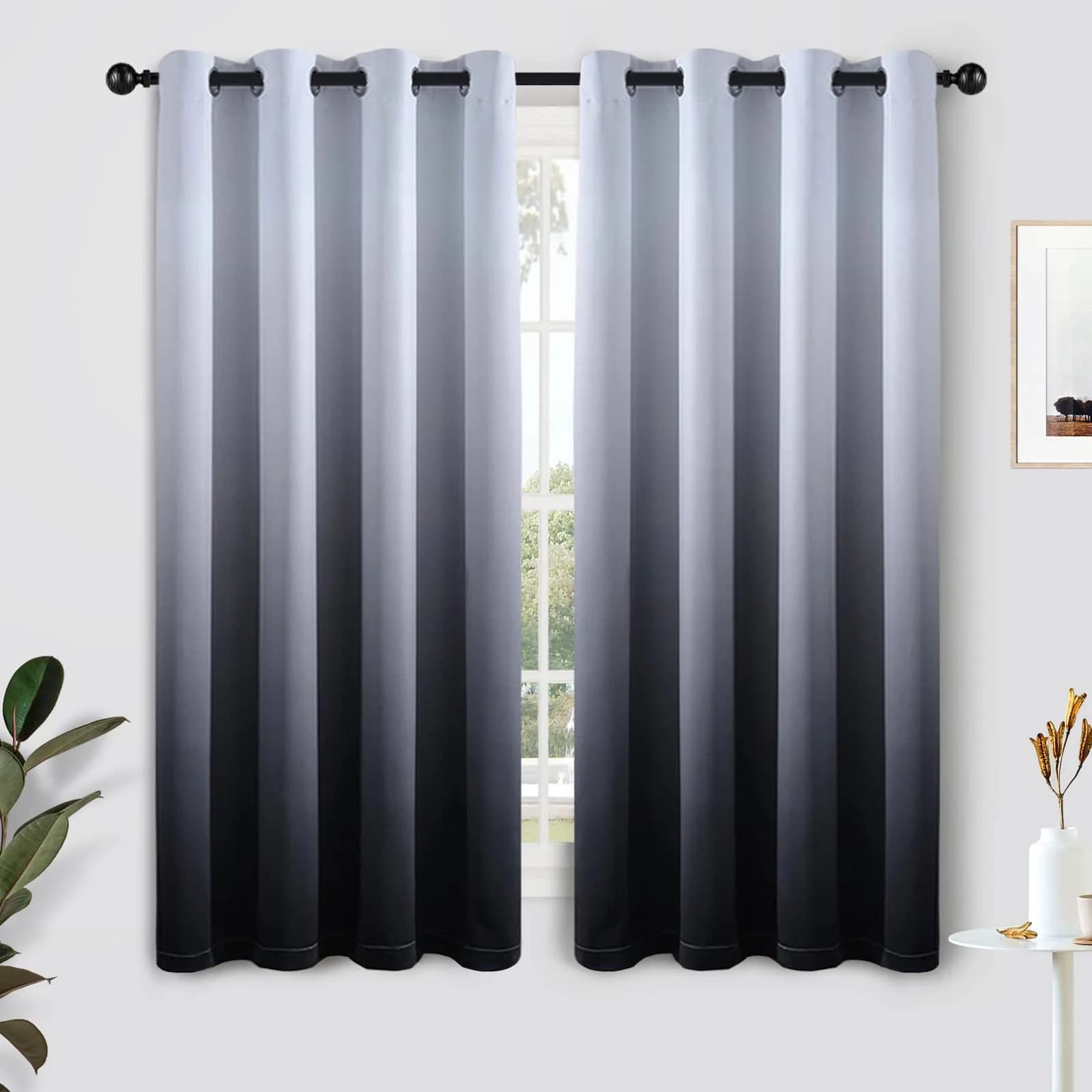 SimpleHome Ombre Gradient Black White to Gray Curtains for Bedroom, 52Wx63L | Modern Room Darkening Drapes with Grommets