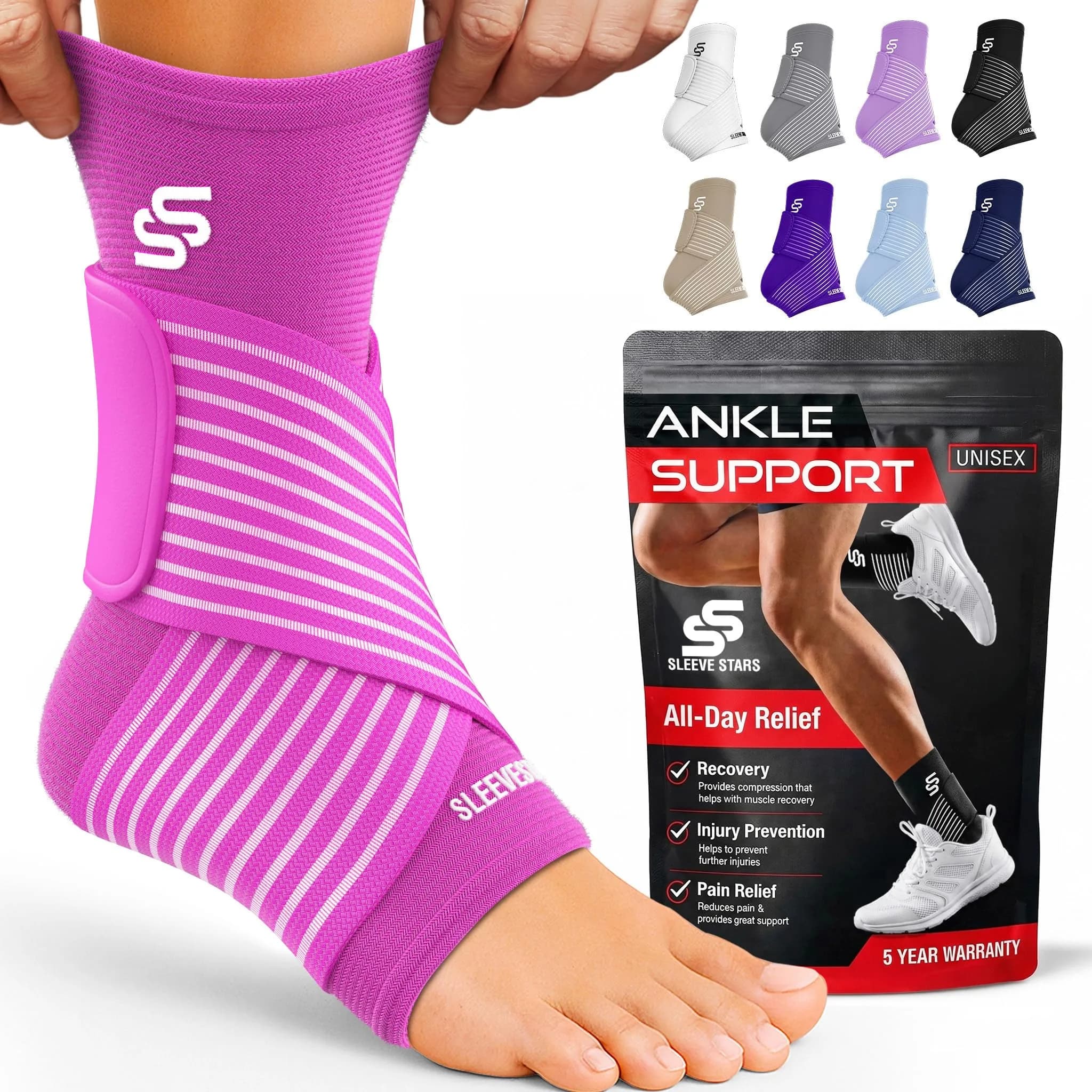 Sleeve Stars Adjustable Ankle Brace Support for Men & Women, Medium (10"-12") Hot Pink | FDA Approved Orthopedic Brace - main product image