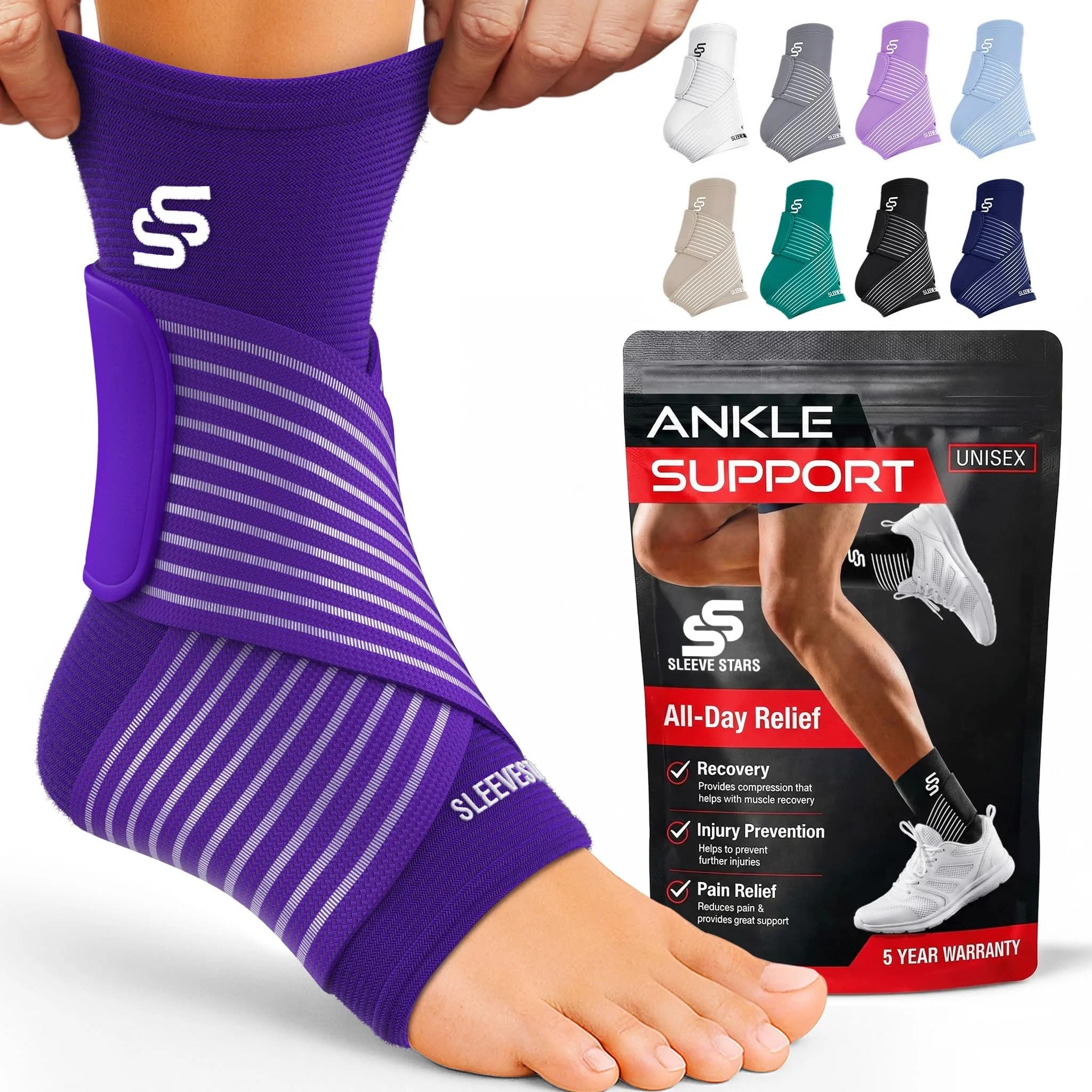SS Sleeve Stars Black Adjustable Ankle Brace with Figure 8 Strap, Medium (10"-12") | FDA Approved Support for Sprains & Plantar Fasciitis — Dark Purple / Medium