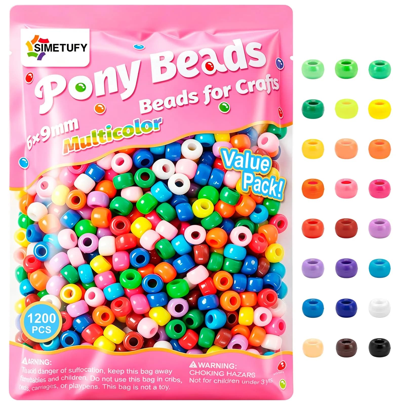 Simetufy Pony Beads 1200 pcs Macaron Pastel Colored Beads for Crafts | 6x9mm Plastic Beads for Jewelry & DIY Projects — Classic