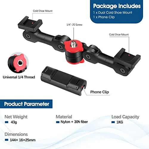 ChromLives Cold Shoe Mount Adapter with Phone Clip, Rotatable Dual Cold Shoe Extension Bracket for LED Light/Microphone thumbnail 7