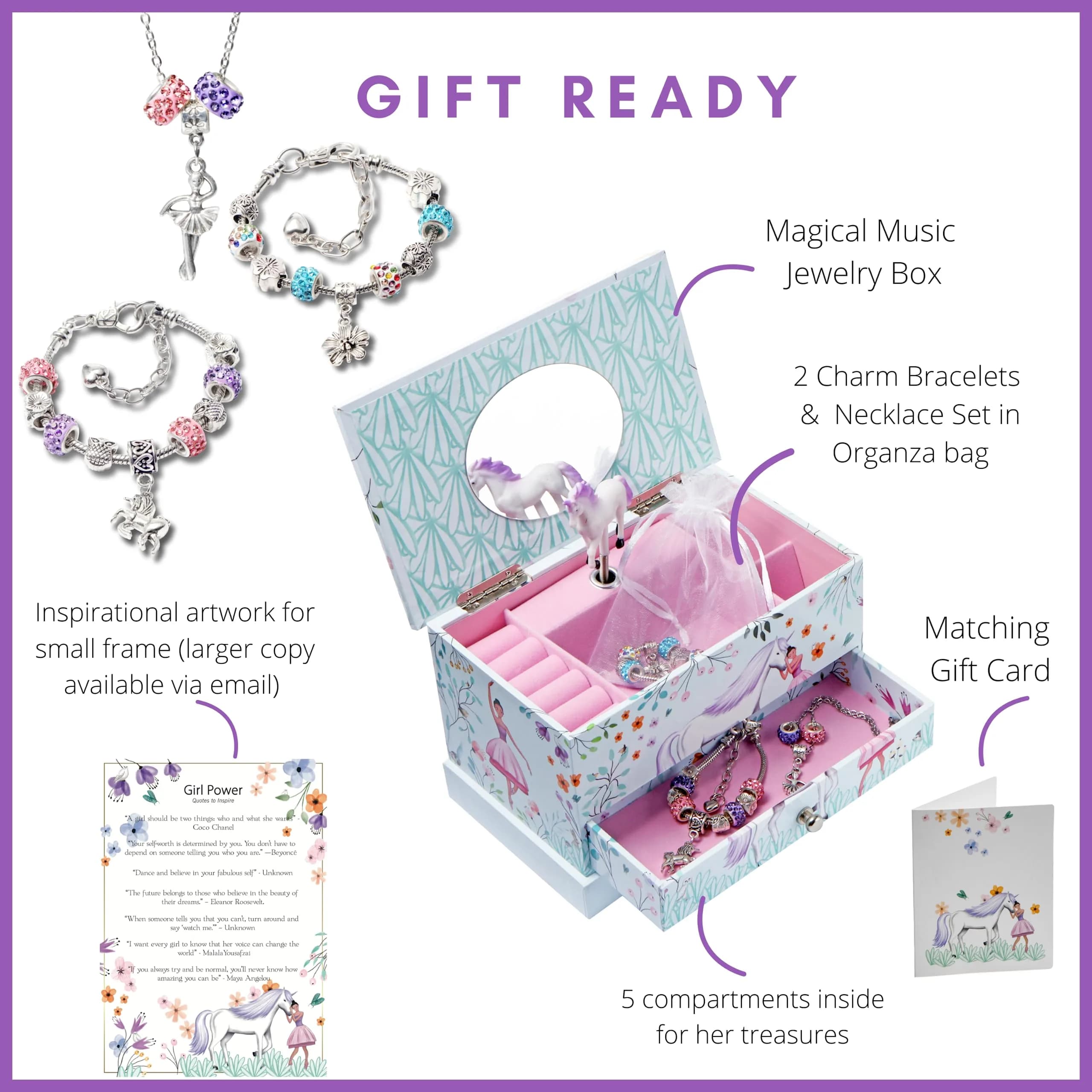 ABI + OLIE Ballerina Unicorn Kids Jewelry Box with Music & Jewelry Set, 18.5cm (7.3") | Musical Unicorn Organizer for Girls - view 2