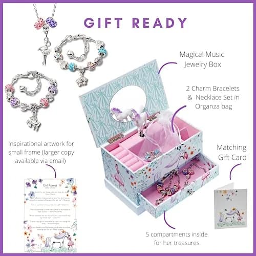 ABI + OLIE Ballerina Unicorn Kids Jewelry Box with Music & Jewelry Set, 18.5cm (7.3") | Musical Unicorn Organizer for Girls thumbnail 2