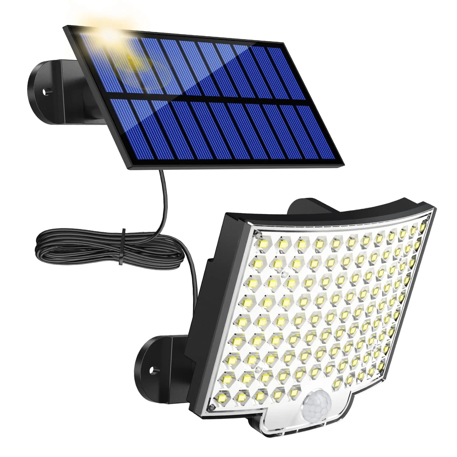 MPJ Solar Wall Light Outdoor with Motion Sensor, 106 LED, 16.5 ft Cable, 2 Pack | Split Panel Design for Brighter Nights — Black