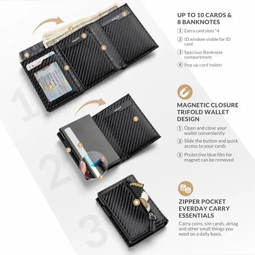 VULKIT Card Holder Wallet with Coin Pocket CF Black | RFID/NFC Blocking Leather Wallet for Cash & Cards thumbnail 2