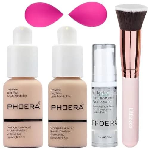 PHOERA Matte Liquide Foundation Full Coverage with Kabuki Brushes (101 Porcelain + 102 Nude) | 30ml (1.01 Fl Oz) | Waterproof & Oil-Controlling thumbnail 1