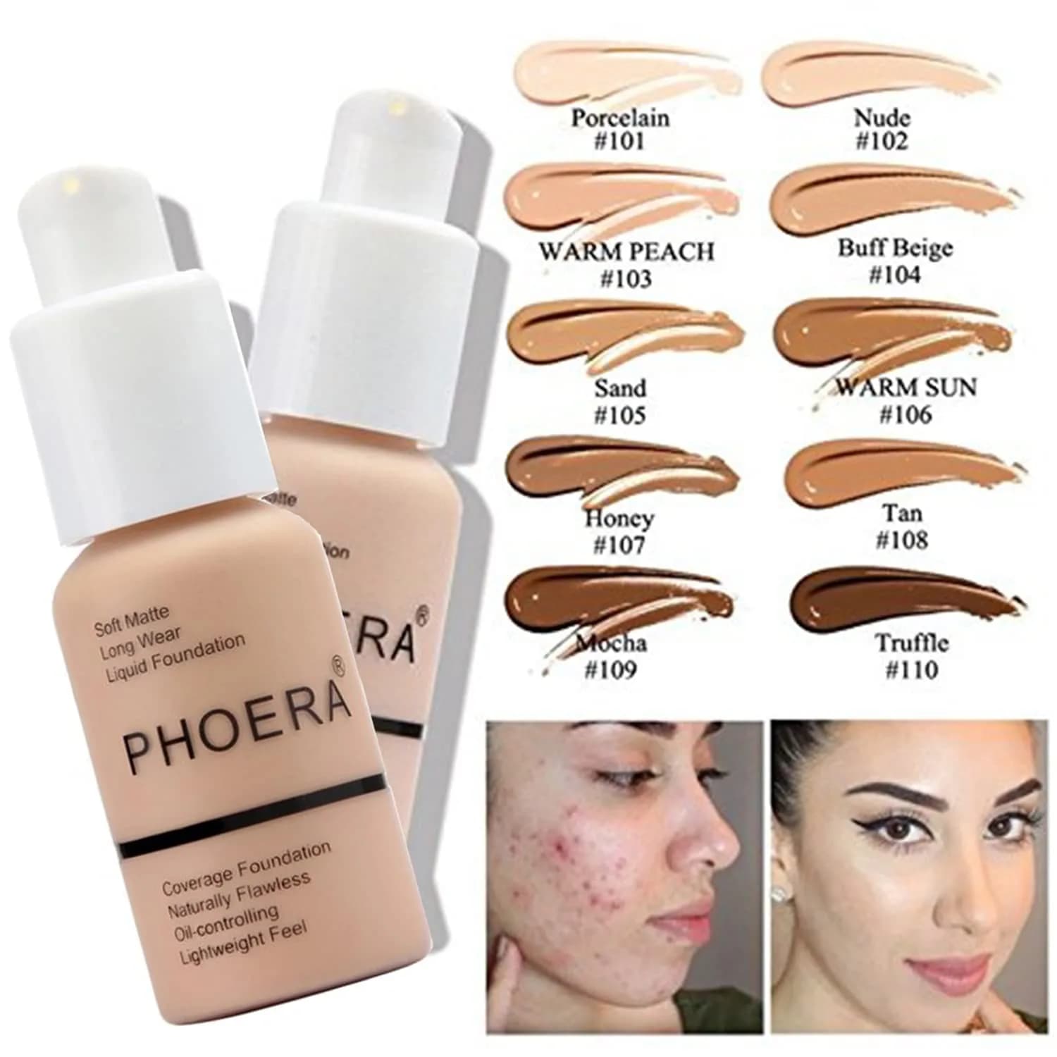PHOERA Matte Liquide Foundation Full Coverage with Kabuki Brushes (101 Porcelain + 102 Nude) | 30ml (1.01 Fl Oz) | Waterproof & Oil-Controlling - view 2