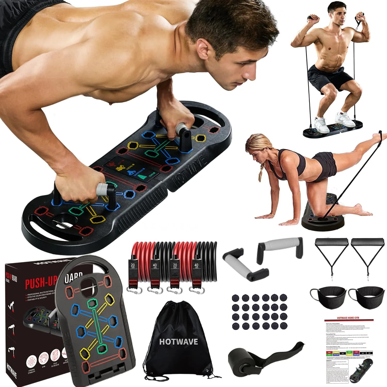 HOTWAVE Push Up Board Foldable 20 in 1 | Portable Calisthenics Stand for Full Body Workout — Black / Kit