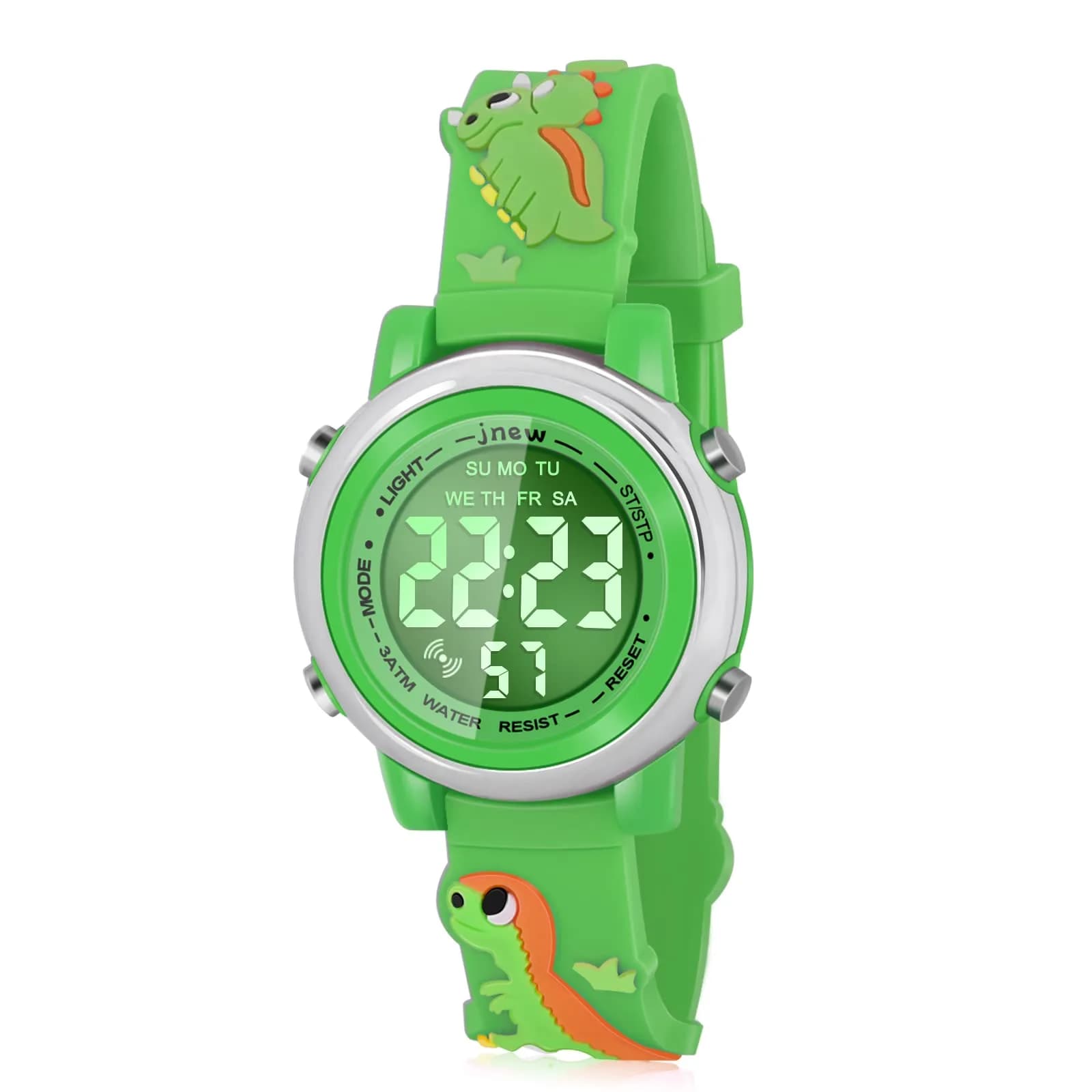 Viposoon Kids Boys Watch Waterproof Educational Toy Gift for 3-10 Years Old | Green Silicone Band with Crystal Dial & 7 Colors LED Backlight — Green