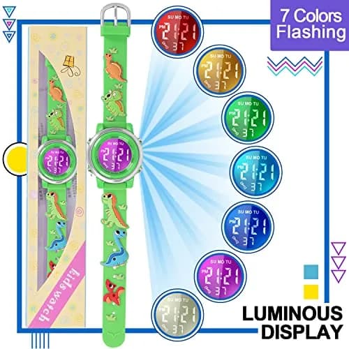 Viposoon Kids Boys Watch Waterproof Educational Toy Gift for 3-10 Years Old | Green Silicone Band with Crystal Dial & 7 Colors LED Backlight thumbnail 5