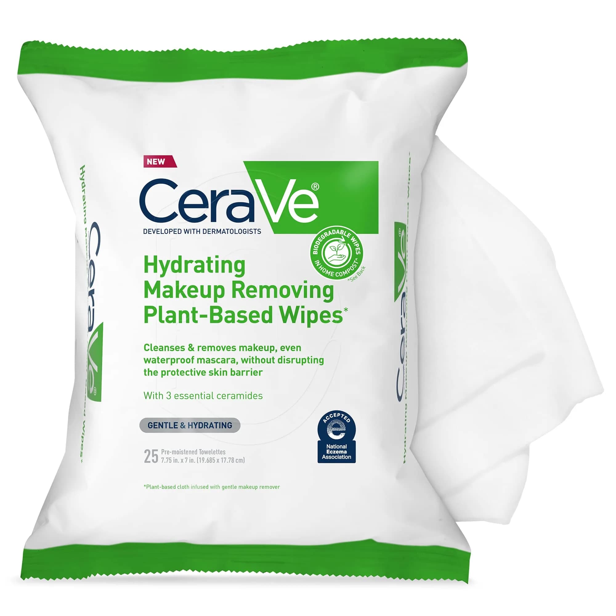 CeraVe Makeup Remover Wipes, Plant Based Face Wipes with Glycerin, 25ct | Hydrating, Gentle & Biodegradable - main product image