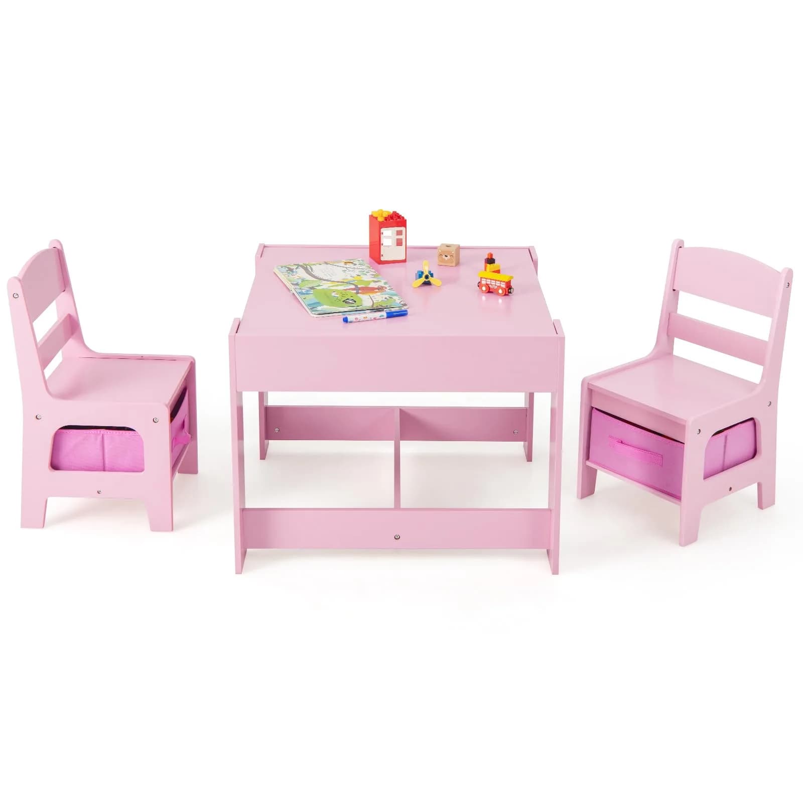 HONEY JOY Kids Table and Chairs Set 24.5x24.5x19 inches | Reversible Tabletop with Storage for Toddlers 3-7 — Pink