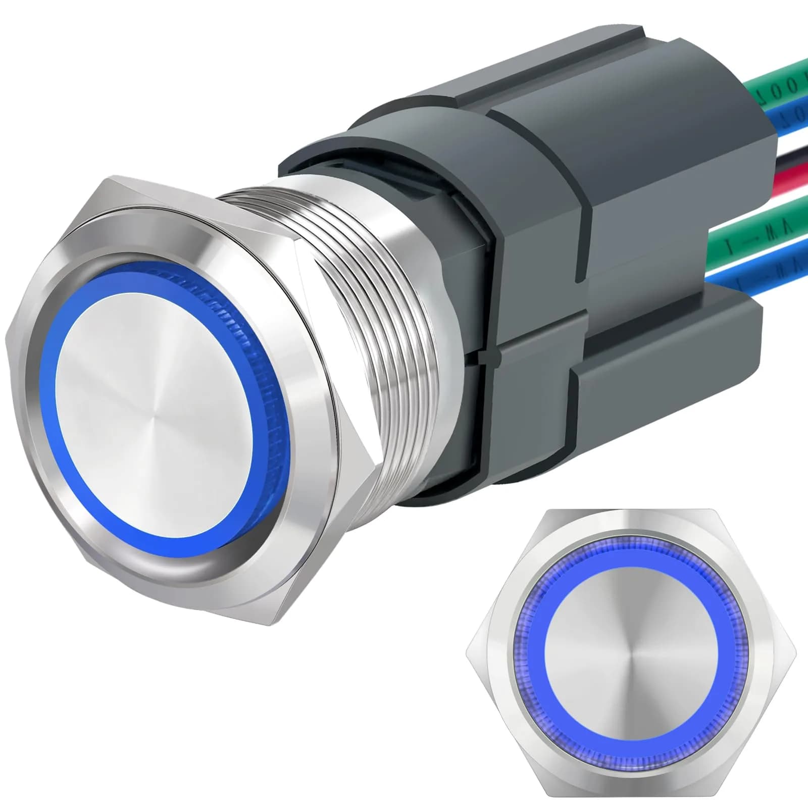 ZJWZJH 22mm Latching Push Button Switch 15A 24V Blue LED | UL Listed, IP67 Waterproof, Stainless Steel - main product image