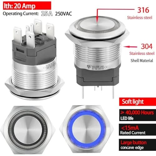 ZJWZJH 22mm Latching Push Button Switch 15A 24V Blue LED | UL Listed, IP67 Waterproof, Stainless Steel thumbnail 9