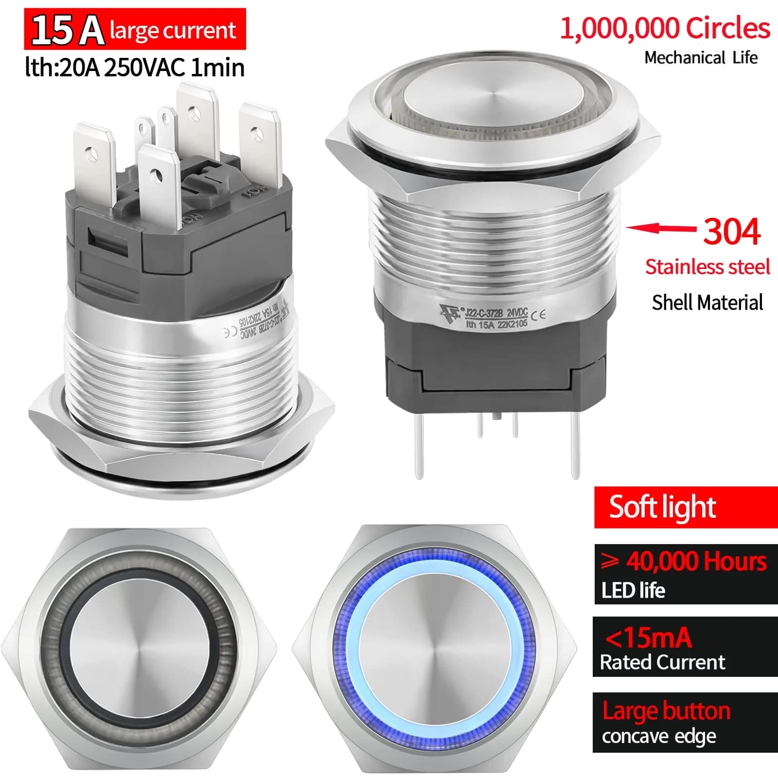 ZJWZJH 22mm Latching Push Button Switch 15A 24V Blue LED | UL Listed, IP67 Waterproof, Stainless Steel - view 3
