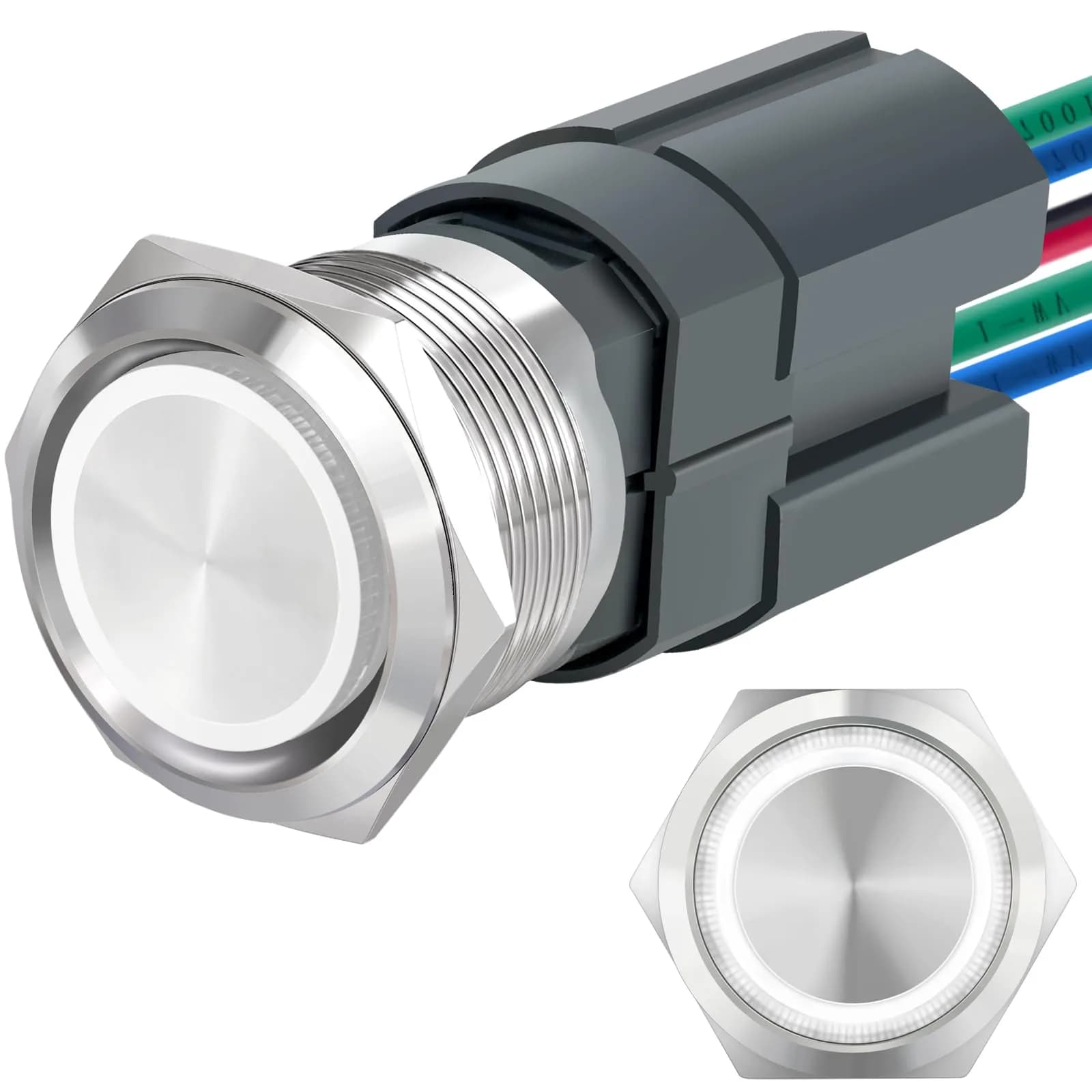 ZJWZJH 22mm Latching Push Button Switch 15A 24V White LED | UL Listed Waterproof Stainless Steel - main product image