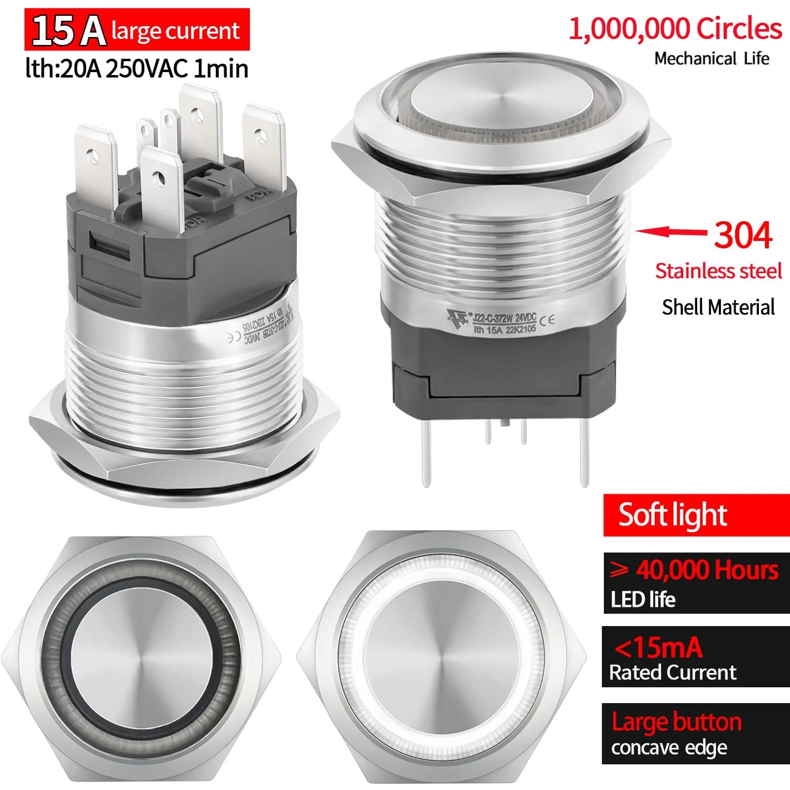ZJWZJH 22mm Latching Push Button Switch 15A 24V White LED | UL Listed Waterproof Stainless Steel - view 3