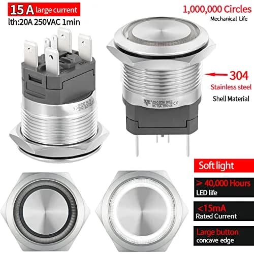 ZJWZJH 22mm Latching Push Button Switch 15A 24V White LED | UL Listed Waterproof Stainless Steel thumbnail 3