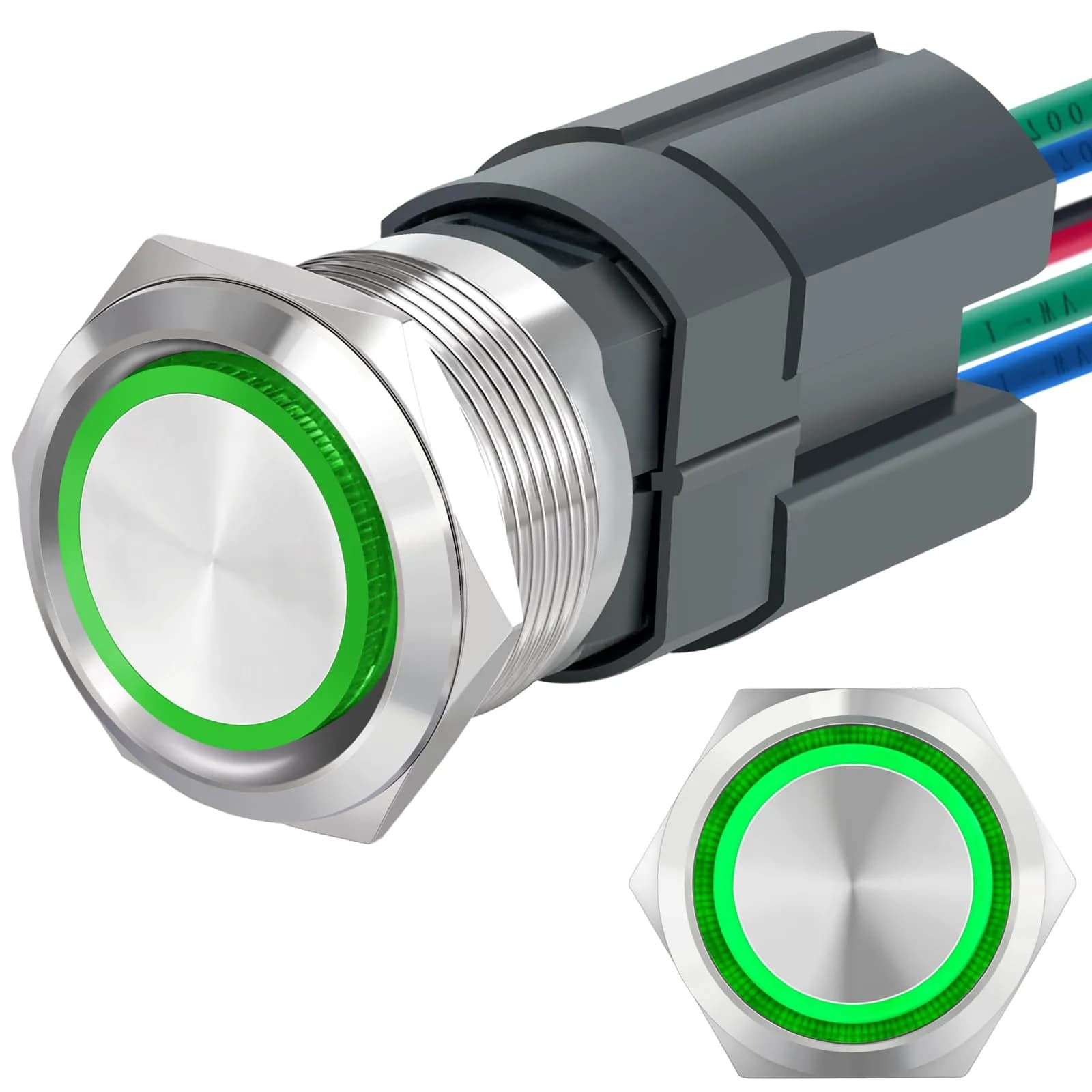 ZJWZJH 22mm Latching Push Button Switch 25mm (0.98") | UL Listed 15A Waterproof Green LED - main product image