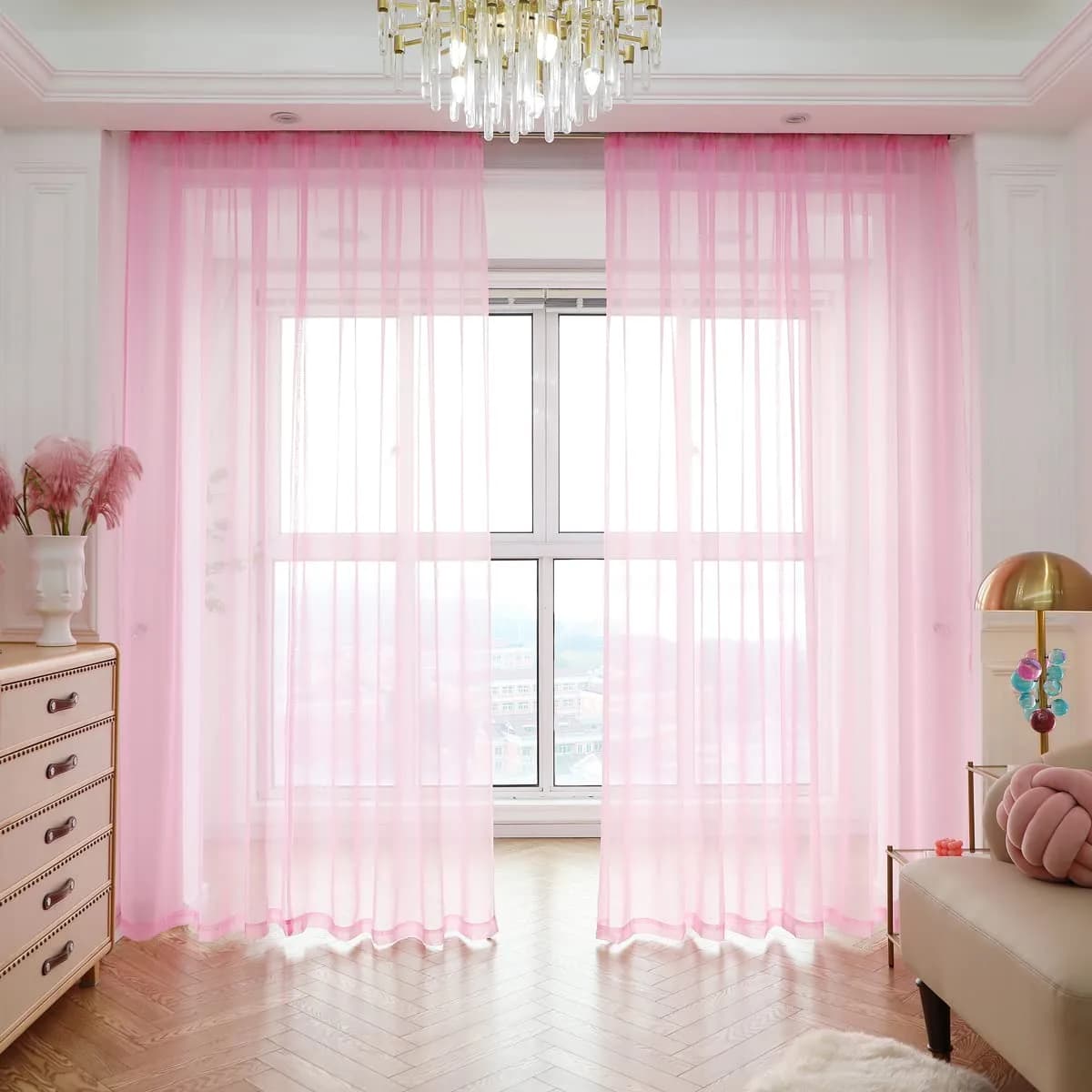 PHILEASY Pink Sheer Curtains 120" Long - Pack of 2 Light-Filtering Rod Pocket Panels - main product image