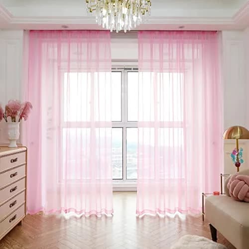 PHILEASY Pink Sheer Curtains 120" Long - Pack of 2 Light-Filtering Rod Pocket Panels thumbnail 1