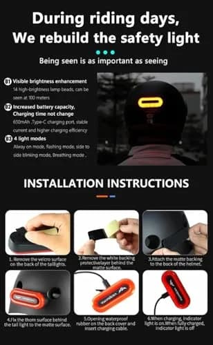 VERSATTA LED Helmet Light, Motorcycle Helmet Light, Bike Bicycle Rear Red Safety Light with Type-C Cable | 14 LED Lamp Beads, IPX6 Waterproof thumbnail 10