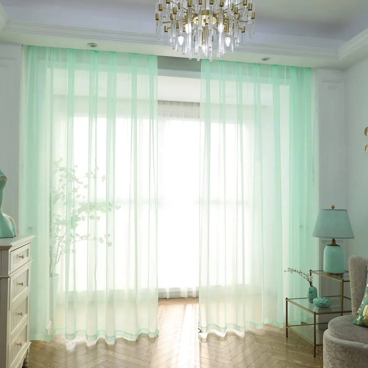 PHILEASY Light Green Sheer Curtains 145" Long | Pack of 2 Light-Filtering Rod Pocket Panels - main product image