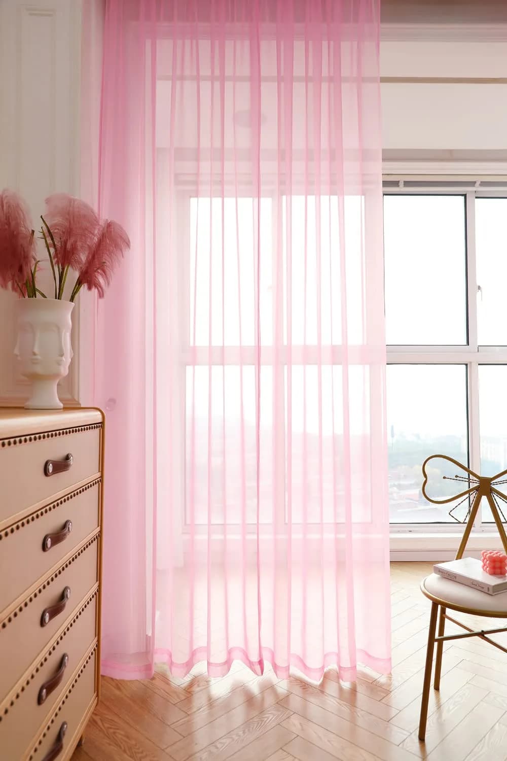PHILEASY Pink Sheer Curtains 145" Long (Pack of 2) - Light-Filtering Rod Pocket Panels - view 4