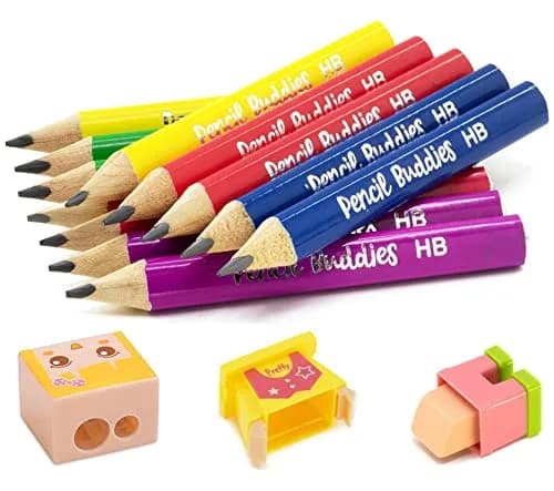 Pencil Buddies Short Jumbo Pencils for Kids | 12 Fat #2 Pencils with Triangle Grip, 1 Sharpener & Eraser (Color DIY) — Color DIY
