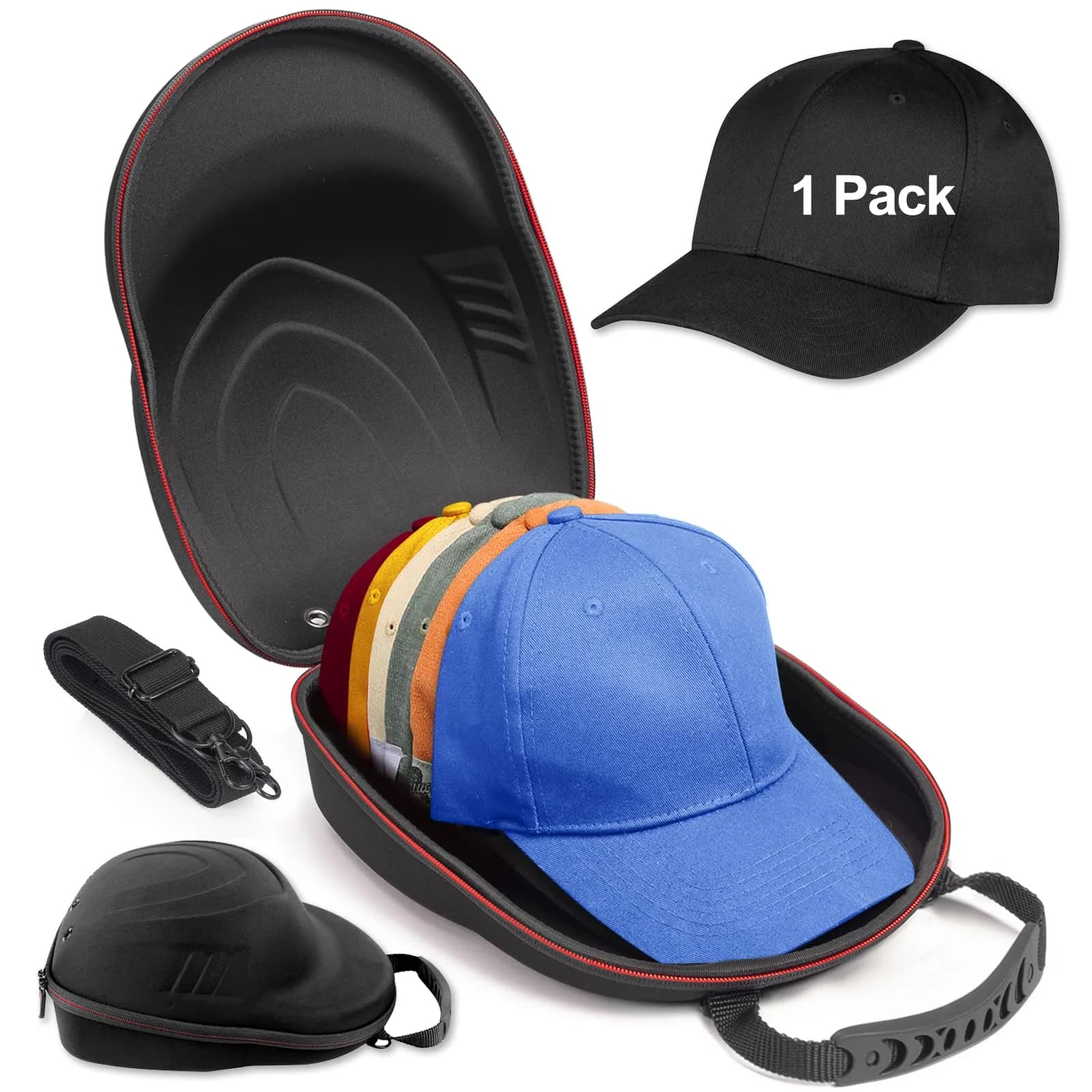 Glamgen Hard Hat Travel Case for 6 Baseball Caps | Protects Shape, Dust-Proof, Lightweight Organizer Bag with Shoulder Strap — Black baseball cap
