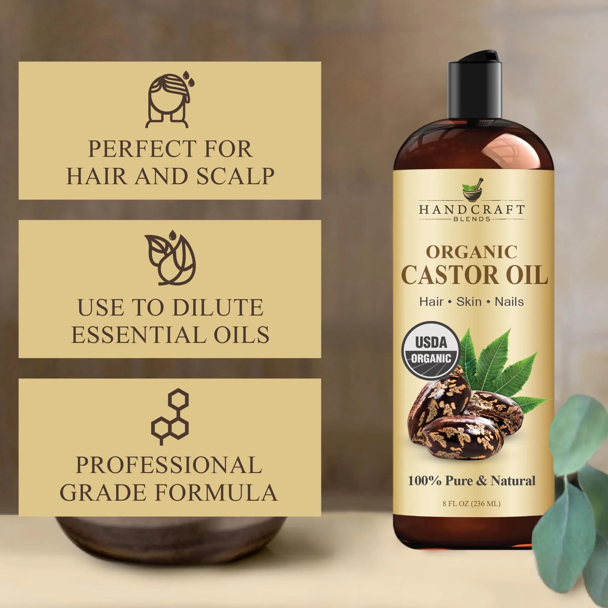 Handcraft Blends Organic Castor Oil 237ml (8 Fl Oz) | USDA Certified Pure & Natural for Hair Growth, Eyelashes, Skin Moisturizer - view 2