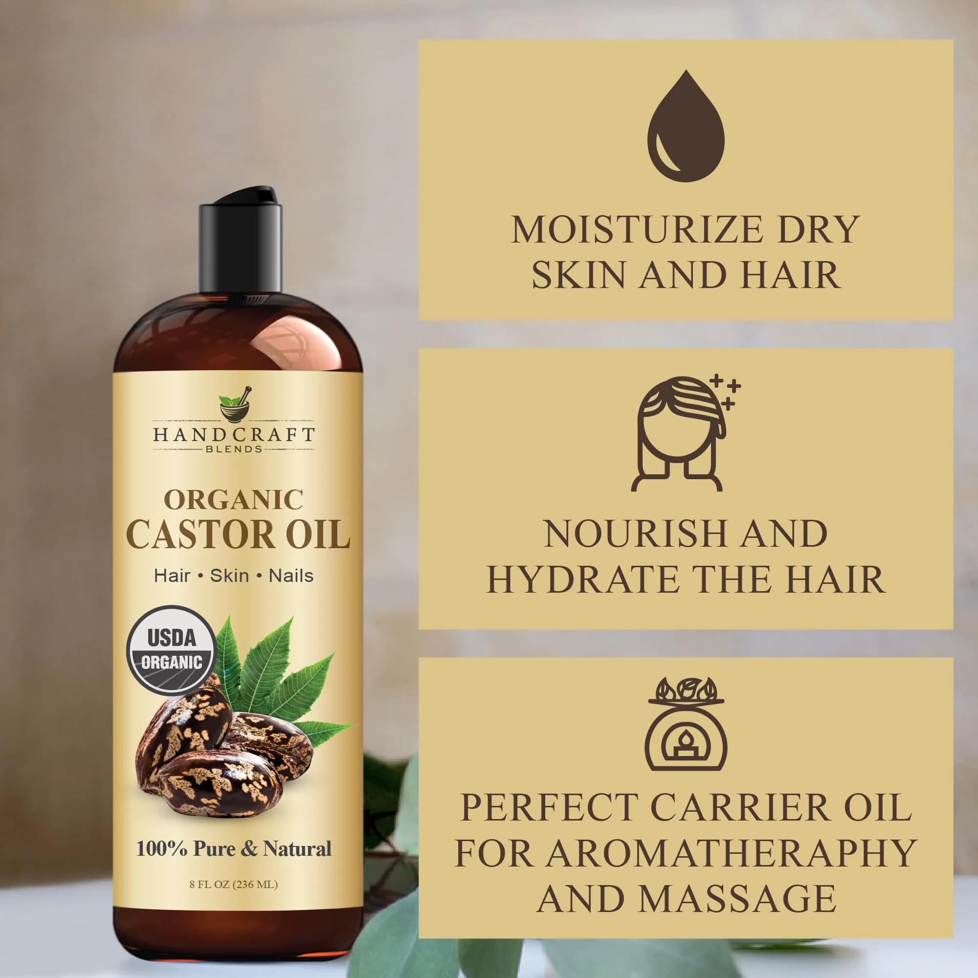 Handcraft Blends Organic Castor Oil 237ml (8 Fl Oz) | USDA Certified Pure & Natural for Hair Growth, Eyelashes, Skin Moisturizer - view 3