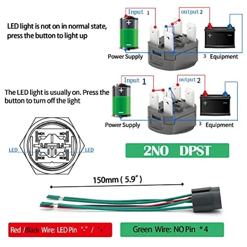 ZJWZJH Latching Push Button Switch 22mm 15A with Green LED | DPST 2NO, IP67 Waterproof, 12V thumbnail 8