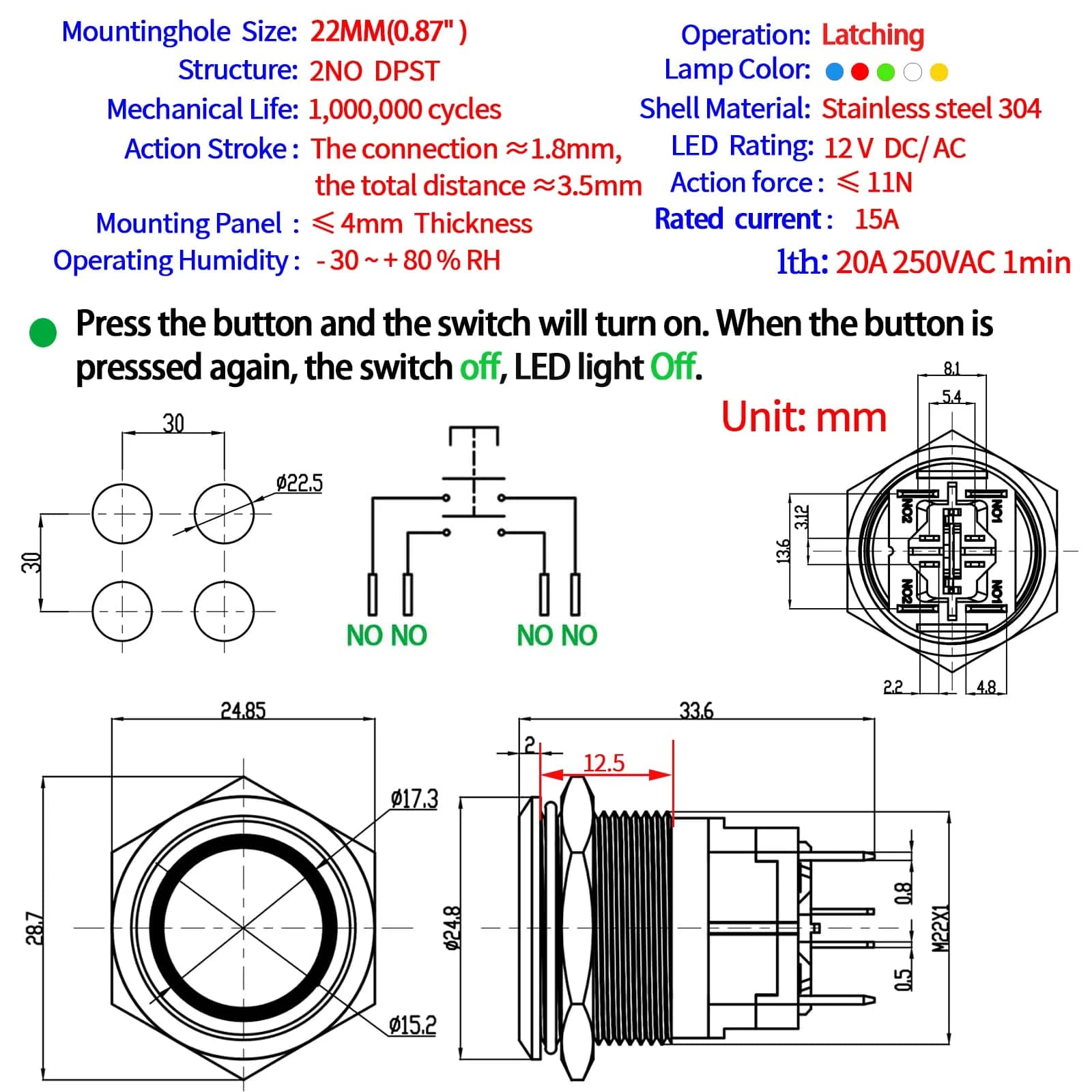ZJWZJH Latching Push Button Switch 22mm 15A with Green LED | DPST 2NO, IP67 Waterproof, 12V - view 2
