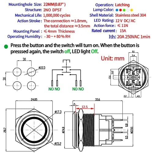 ZJWZJH Latching Push Button Switch 22mm 15A with Green LED | DPST 2NO, IP67 Waterproof, 12V thumbnail 2