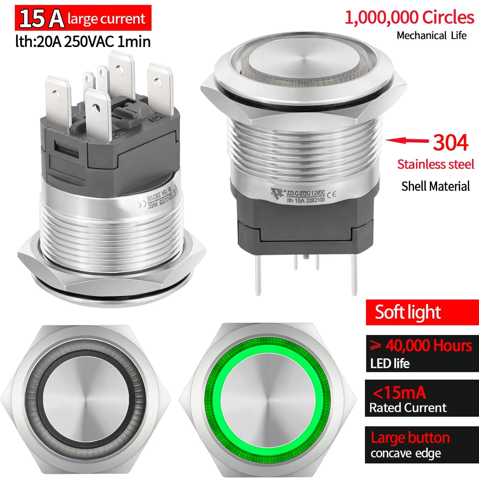 ZJWZJH Latching Push Button Switch 22mm 15A with Green LED | DPST 2NO, IP67 Waterproof, 12V - view 3