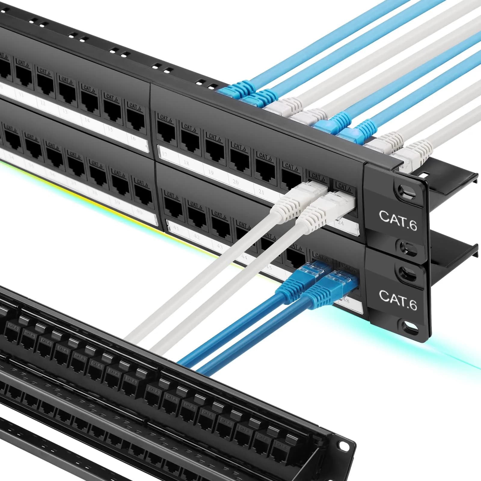Rapink 48 Port Cat6 Patch Panel 19-Inch Rack Mount | 10Gbps Speed, Toolless Termination, UTP Network for Cat6/Cat5e/Cat5 Cabling — Black