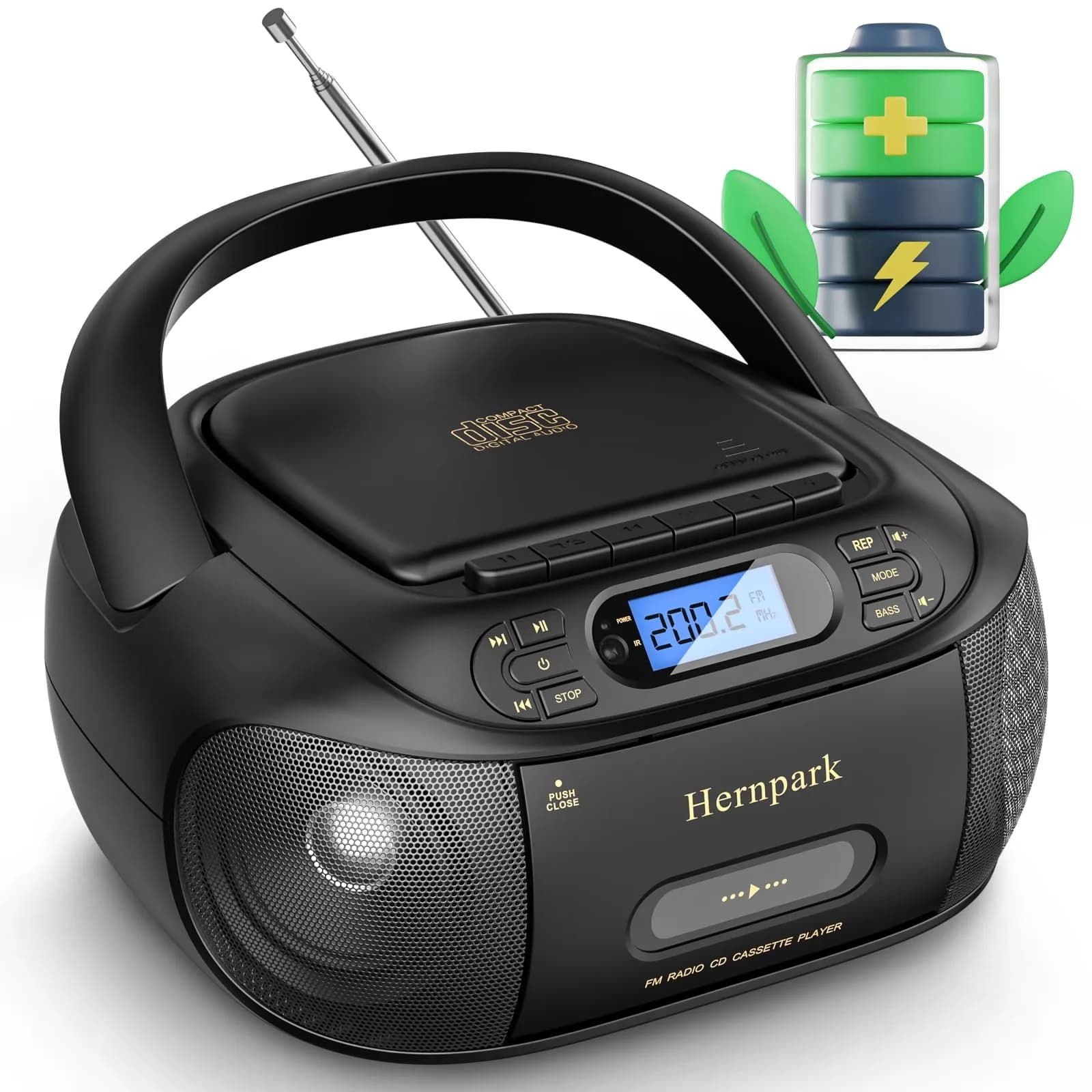 Hernpark CD Cassette Player Combo 9.33x8.62x4.65 inches | Bluetooth & FM Radio with Super Bass — Black