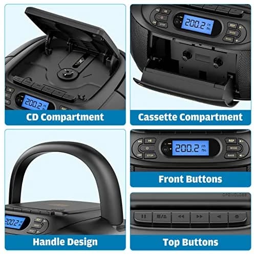 Hernpark CD Cassette Player Combo 9.33x8.62x4.65 inches | Bluetooth & FM Radio with Super Bass thumbnail 4