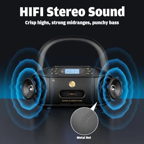 Hernpark CD Cassette Player Combo 9.33x8.62x4.65 inches | Bluetooth & FM Radio with Super Bass thumbnail 5