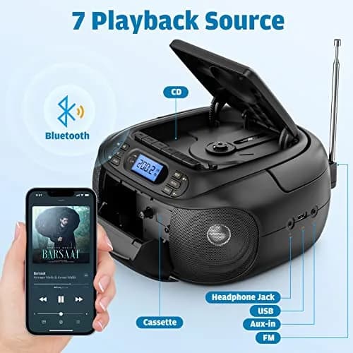 Hernpark CD Cassette Player Combo 9.33x8.62x4.65 inches | Bluetooth & FM Radio with Super Bass thumbnail 2
