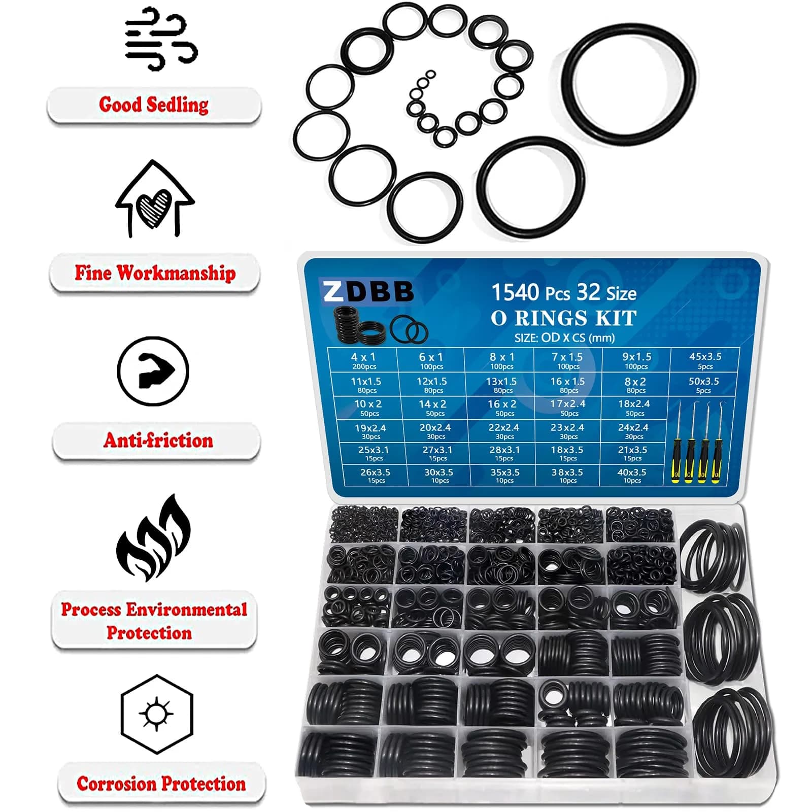 ZDBB 1540 Pcs Metric Nitrile Rubber O-Ring Assortment Kit with 4 Picks | 32 Sizes OD 4mm-50mm - view 6