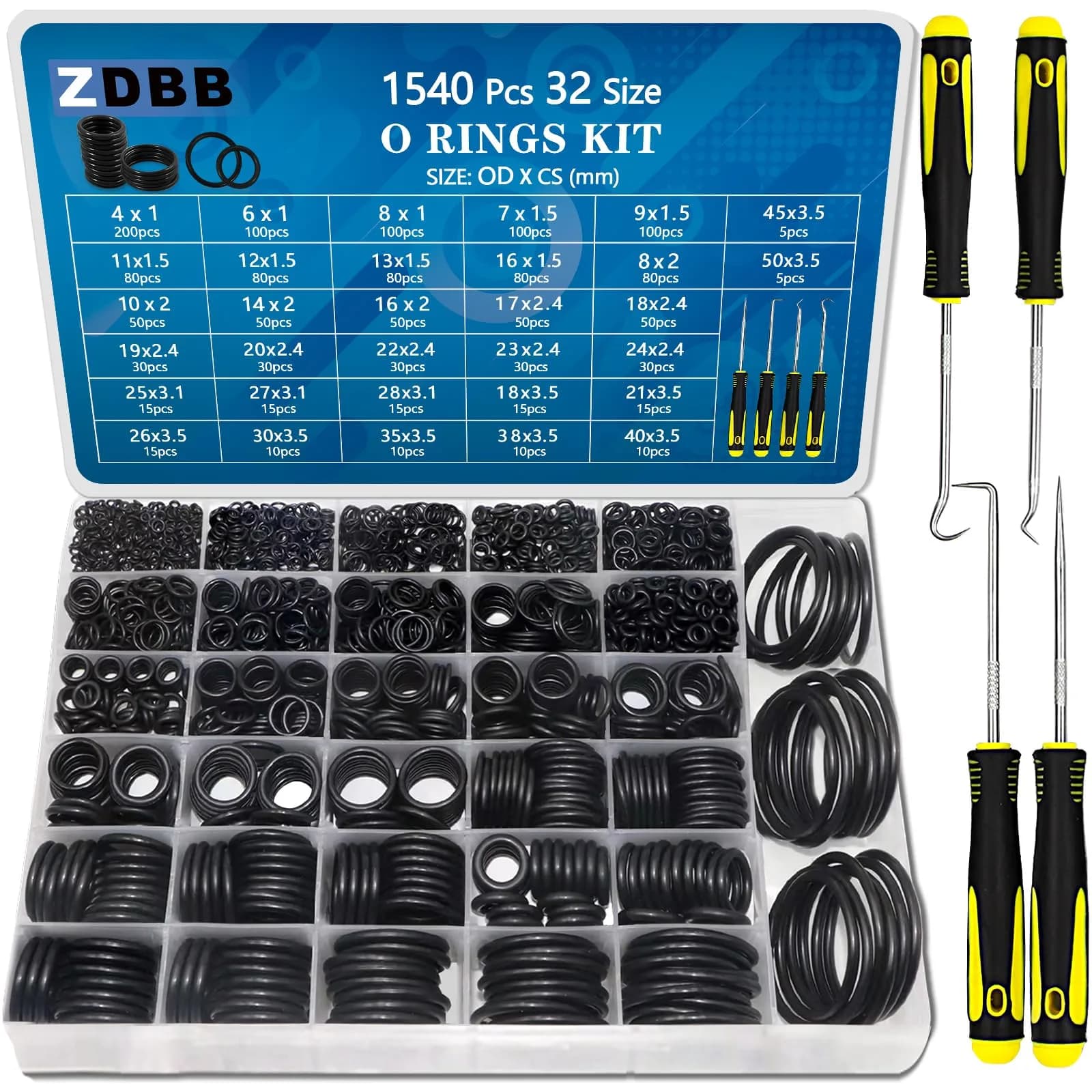 ZDBB 1540 Pcs OD Metric 32 Size Nitrile Rubber O-Ring Kit with Pick Tool - main product image
