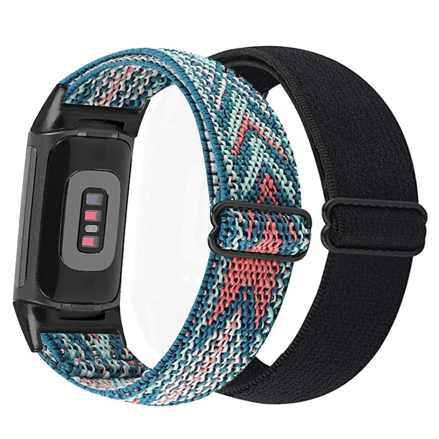 Abanen Elastic Nylon Bands for Fitbit Charge 6 / Charge 5, 2 Pack (Black-Blue Pink), 130-220mm Wrist Size | Breathable & Adjustable Fit — Black-Blue Pink